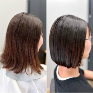 こんにちは(*^_^*)！！ こちらのお客様は、前回インナーカラーをされて今回はカラーと一緒に髪質改善ストレートをされました。 カットはスッキリ肩上の切りっぱなしボブにさせていただき爽やかにイメージチェンジです。