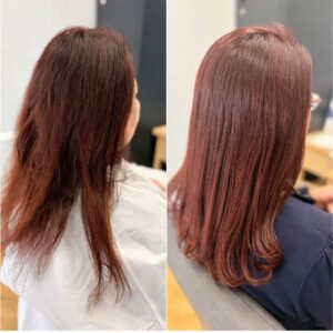 こんにちは(*^_^*)！！ こちらのお客様は、ラズベリーピンクベースでしっかり色を入れてツヤツヤになりました とっても可愛いお色でお似合いでした！ お色を入れてあげると乾燥して広がりやすくなっていた毛先がつるっとまとまりやすくなりました