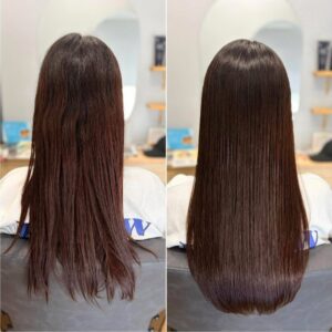 こんにちは(*^^*) こちらのお客様は髪質改善ストレートをさせていただきました。 前回の髪質改善やカラーの履歴、クセの状態を見てお薬の調合をさせていただきました。 写真の通り、髪がつるんとなめらかになりました