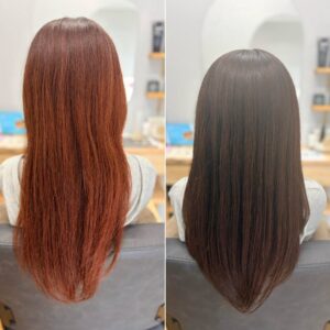 こんにちは(o^^o)！！ こちらのお客様は、美髪カラーでしっかり落ち着かせてパープルのお色味を入れさせていただきました。 しっかりお色が入り、秋らしい艶のあるこっくりカラーになりました 秋カラーのオーダー増えてきています(*^_^*)